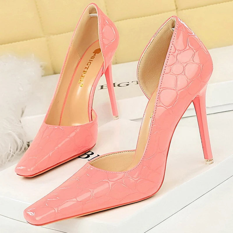Patent Leather Stone Pattern High Heel Pumps for Women