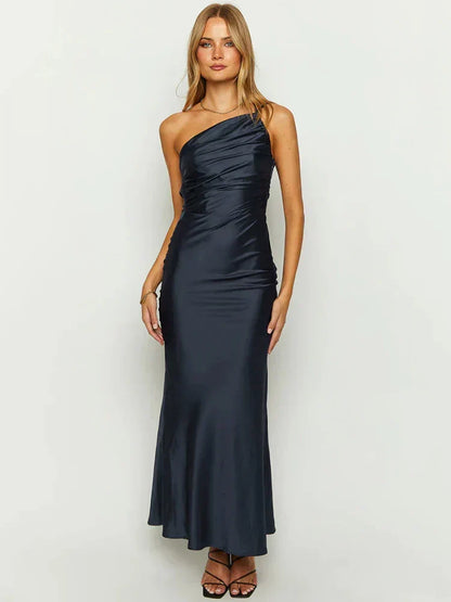 One Shoulder Cowl Neck Satin Column Maxi Gown