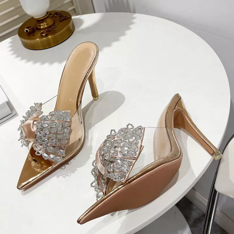 Pointed Toe Mule High Heels Stripper with Bowknot and Transparent PVC