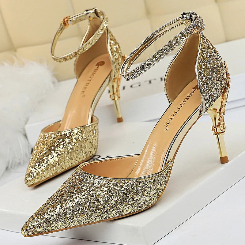 Sequin Wedding Pumps with Metal Decoration - 7.5cm Stilettos
