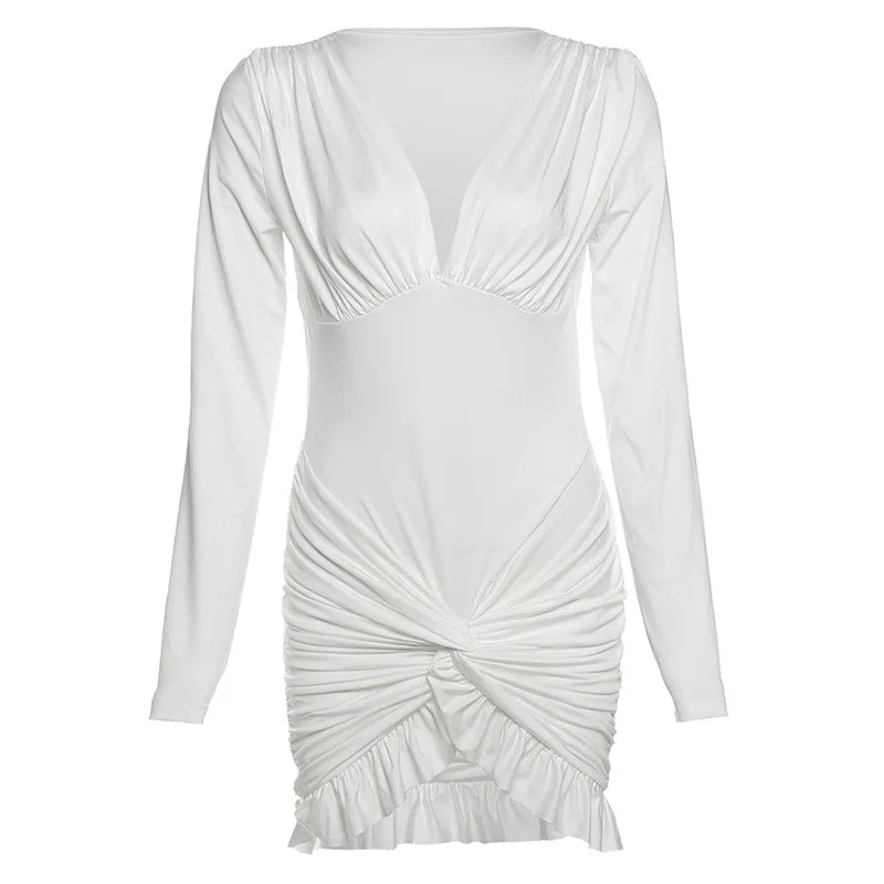 Deep V-Neck Ruched Long Sleeve Twist Front Ruffle Hem Mini Dress