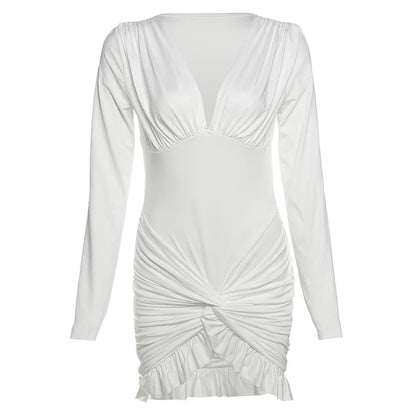 Deep V-Neck Ruched Long Sleeve Twist Front Ruffle Hem Mini Dress