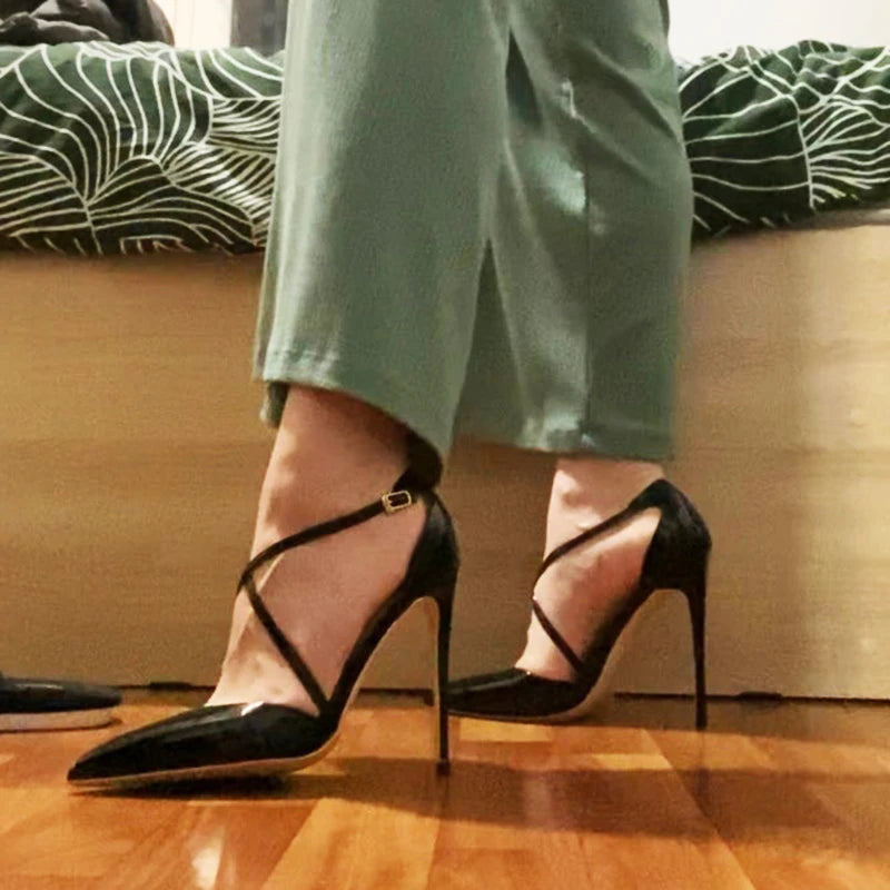 White Glossy Patent Cross Strap Stiletto Pumps for Women