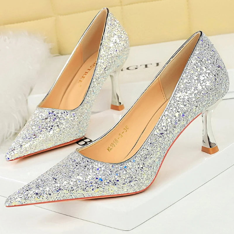 Shiny Sequin Cloth Women Pumps with 7 cm Metal Heel