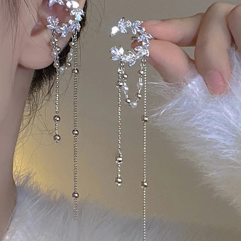Lizakosht Korea Fashion Pearl and Zirconia Moon Tassel Clip Earrings for Women Luxury Ear Cuff Jewelry