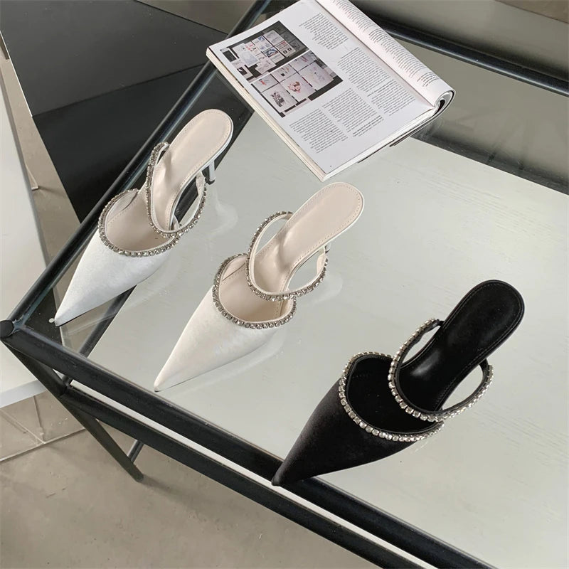 Crystal Thin Heel Pointed Toe Mules Slippers for Women Street Style Fashion