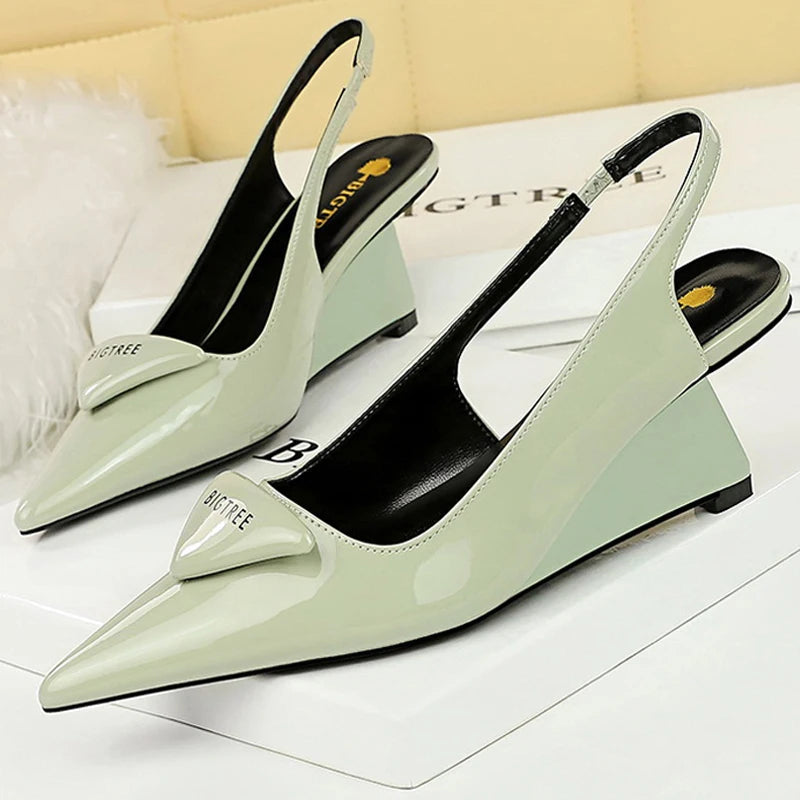 Patent Leather Hollow Back Strap Wedges Heels Women Pumps