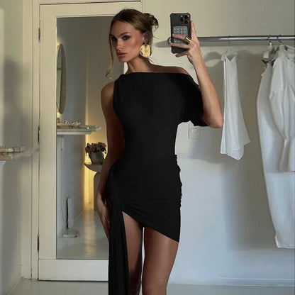 Oblique-Shoulder Backless Irregular Draped Dress
