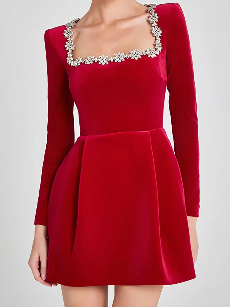 | White Jewel Trim Long Sleeve Mini Dress