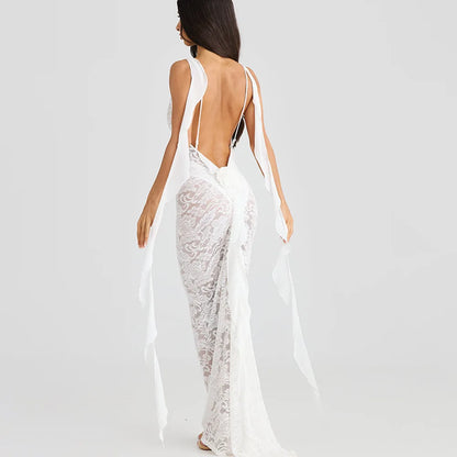 | Backless Lace Mermaid Gown with Chiffon Streamers
