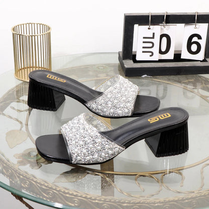Rhinestone Slippers - Summer Fashion with Thick High Heel for Women