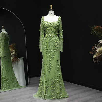 3D Floral Mermaid Evening Dress with Long Sheer Sleeves