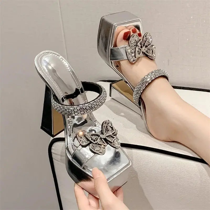Butterfly-knot Square Toe Women Slippers with Ultra High Heels for Summer Fashion