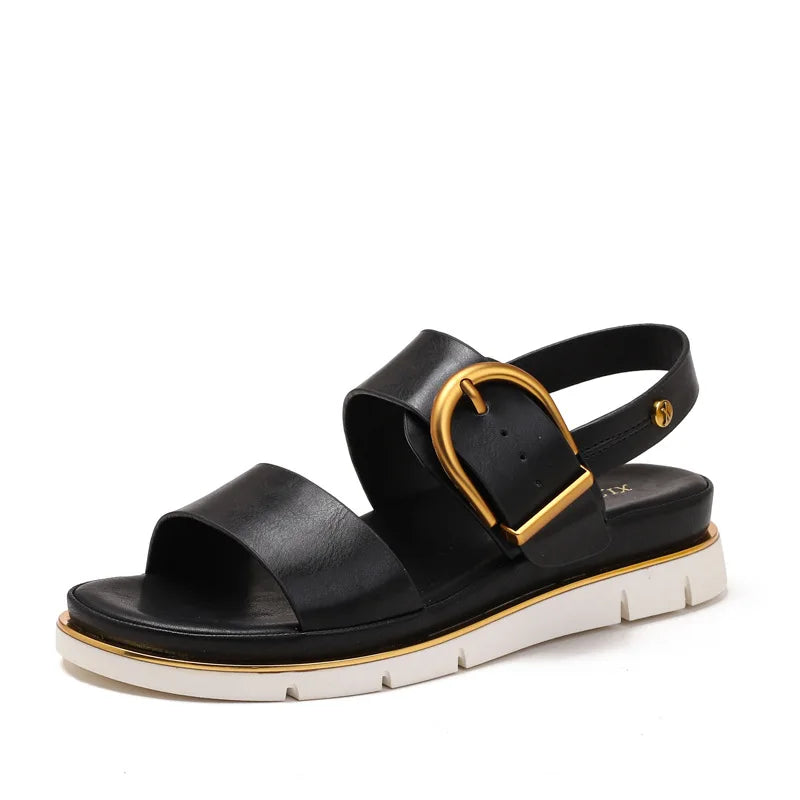 | Gold-Buckle Strap Sandals