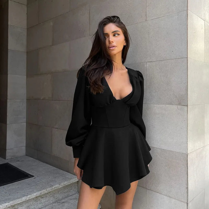 Plunging V-Neck Puff Sleeve Tiered Ruffle Mini Dress