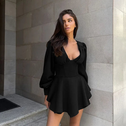 Plunging V-Neck Puff Sleeve Tiered Ruffle Mini Dress