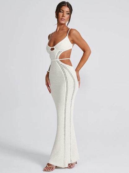 Hollow Knit Spaghetti White Bodycon Dress