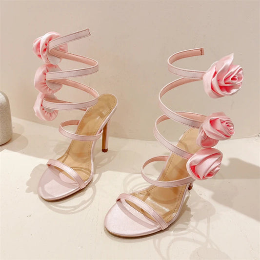 Silk Flower Ankle Strap Sandals for Summer Sexy Woman