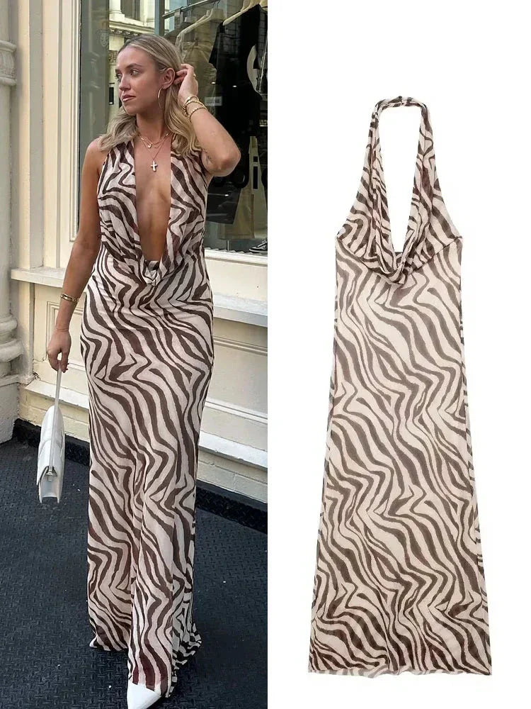 Off Shoulder Folds Hanging Neck Long Dress