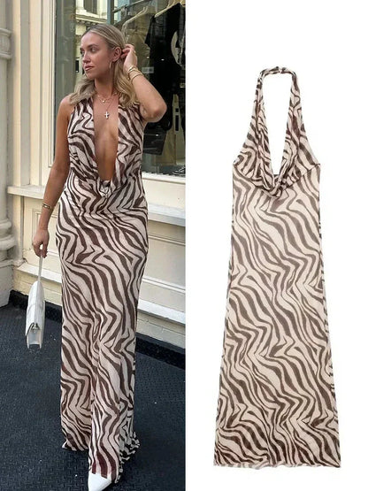 Off Shoulder Folds Hanging Neck Long Dress