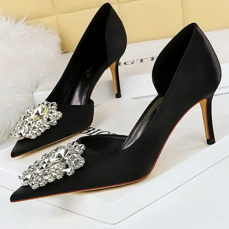 Satin Rhinestone High Heels for Women - Elegant Banquet Stilettos Lady Heels