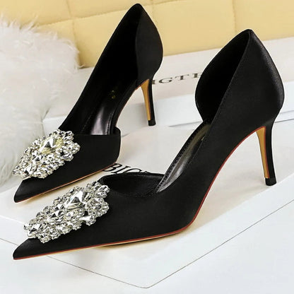 Satin Rhinestone High Heels for Women - Elegant Banquet Stilettos Lady Heels