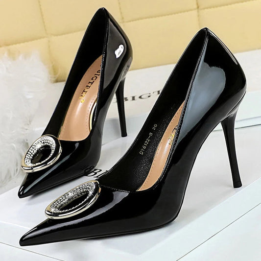 Red Women Pumps with Metal Buckle High Heels Stilettos for Luxury Banquets