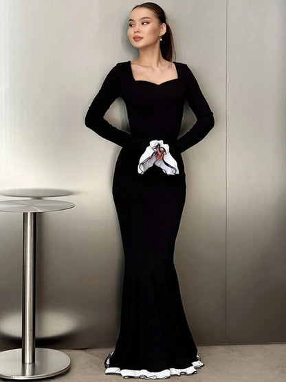 Flare Sleeve Square Long Bodycon Dress