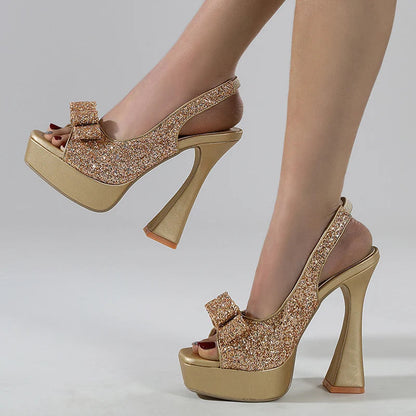 Glitter Sequined Bowknot Peep Toe Gold Sandals with Back Strap