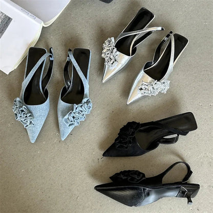 Flower Pointed Toe Women Pumps with Buckle Strap Slingback Sandals