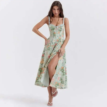 Print Strap A-Line Split Midi Dress