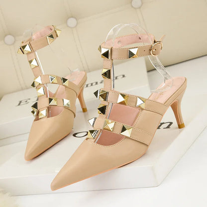 Thin High-heeled Shallow Mouth Pointed Roman Style Metal Rivets Shoes