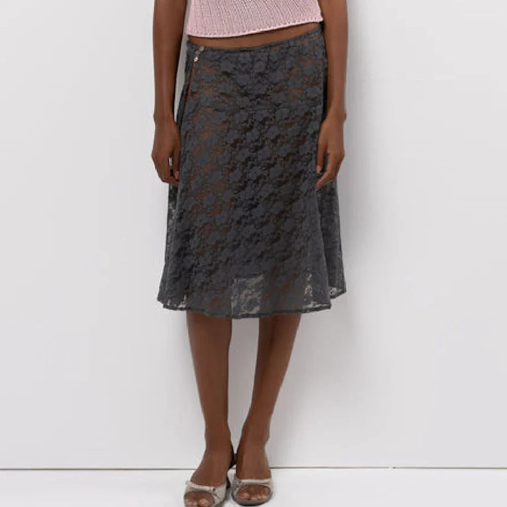 Boho Floral Sheer Mesh Midi Skirt