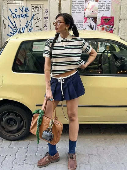 Striped Contrast Short Sleeve T-shirt Women Buttons Turndown Collar Tee Shirt Spring New Streetwear Vintage Chic Top Tees 2025