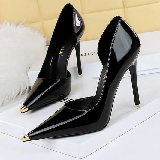 Black Patent Leather High Heel Metal Pointed Pumps for Women - Sexy Party Stilettos