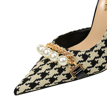 Spring Pearl Metal Chain High-heels Checked Grain Stilettos Women