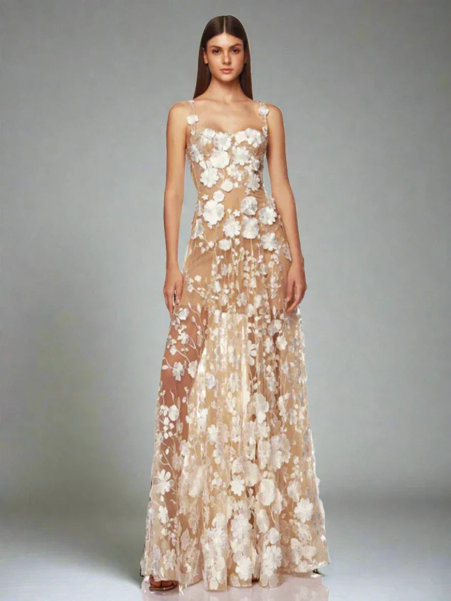 Floral Embroidered Mesh Maxi Dress