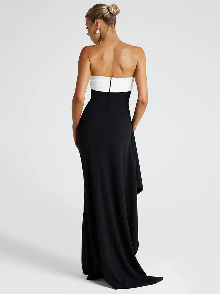 Patchwork Strapless Split Maxi Bodycon Dress