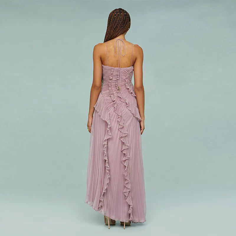 Pleated Halter Lotus Floral Dress