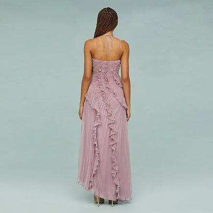Pleated Halter Lotus Floral Dress