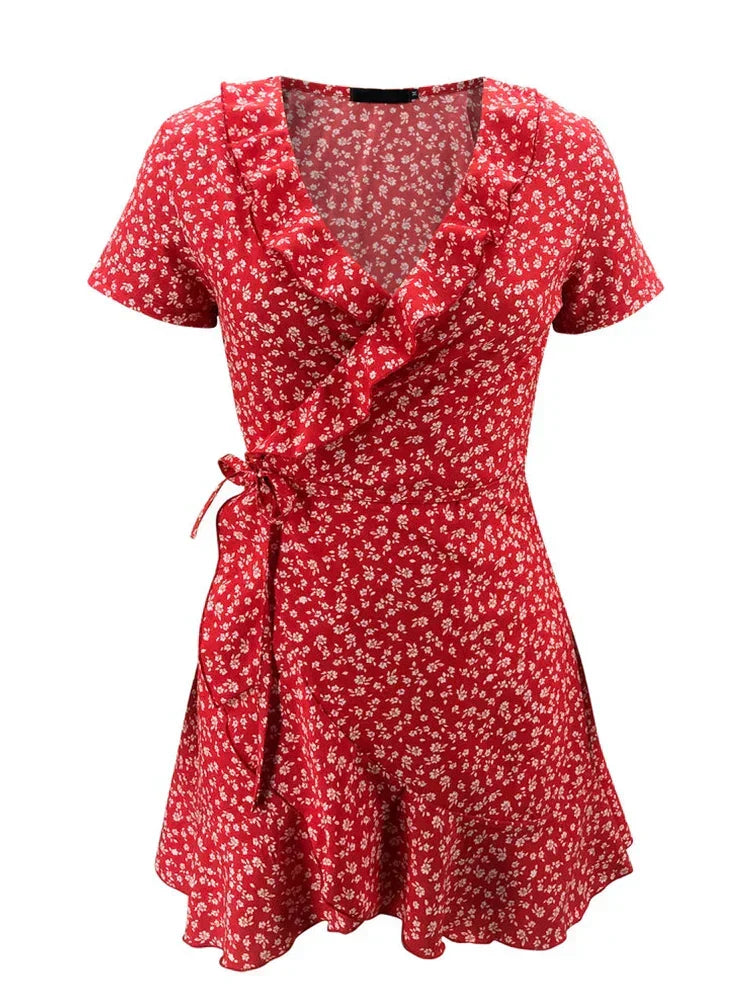 Ditsy Floral Print Wrap V-Neck Ruffle Trim Cap Sleeve Mini Dress