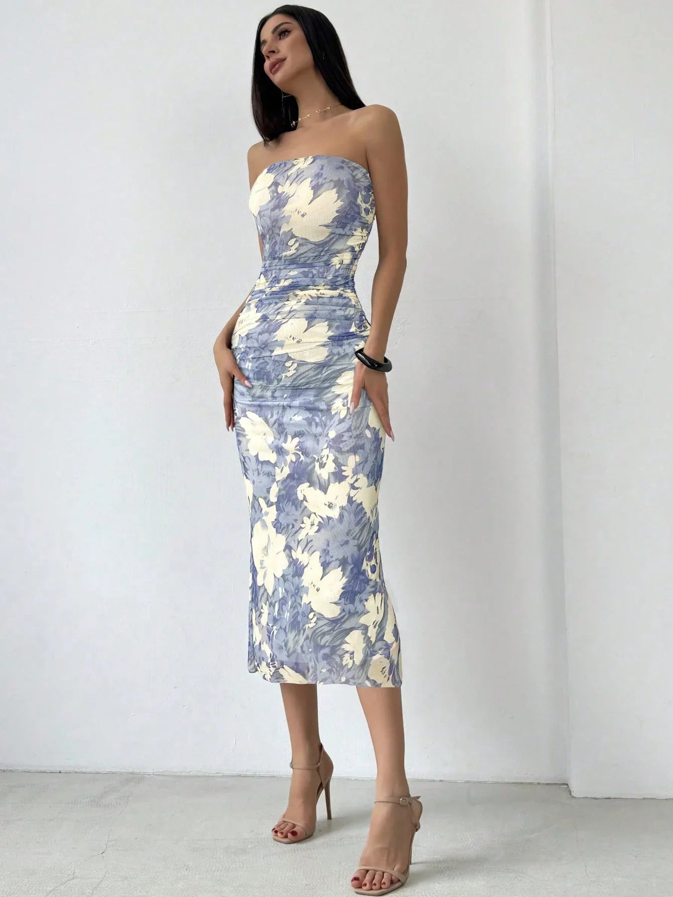 Strapless Blue Slim Fit Floral Dress