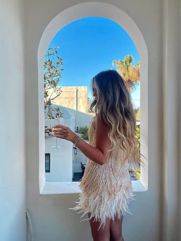 Deep V Neck Spaghetti Strap Fringe Tier Feather Hem Mini Dress