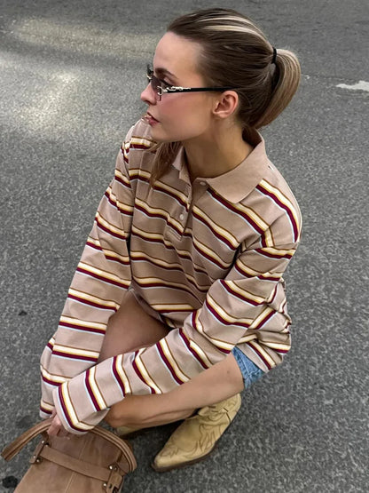 Spring Summer New Women's Retro Striped Polo Collar Oversized Long Sleeve T - Shirt Trendy Casual Loose Basic Top
