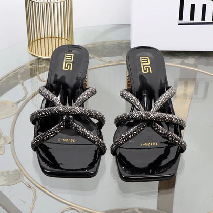 Rhinestone sandals with thick high heels for women's luxury style in autumn