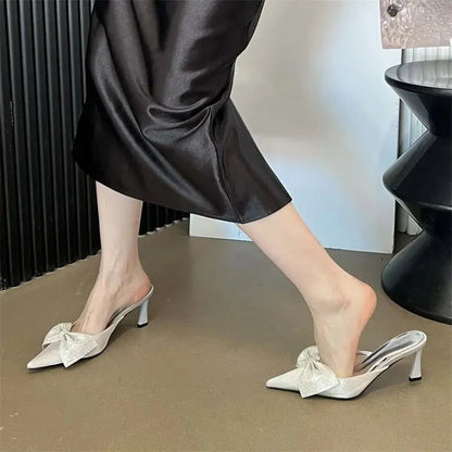 Crystal Butterfly-knot Women Slipper Pointed Toe Mules Shoes Elegant Thin Low Heel Sandals