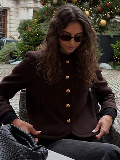 Elegant Solid O-neck Plush Short Coats Women Retro Slim Fit Single Breasted Jackets Female New Spring Chic Office Outwear