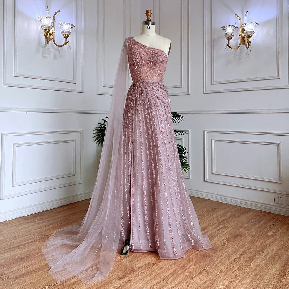 One-Shoulder Cape Sleeve Beaded Evening Dresses