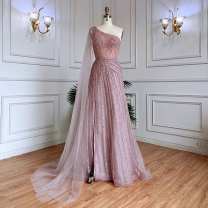 One-Shoulder Cape Sleeve Beaded Evening Dresses