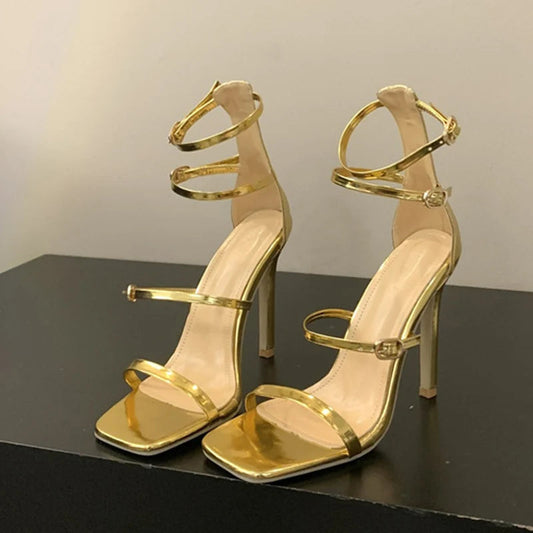 Golden Sandals Women Square Toe Super Thin High Heels Pumps